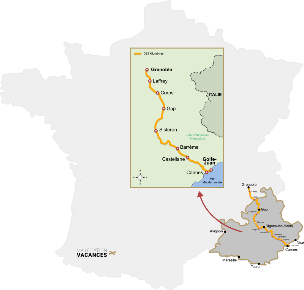 carte de la route Napoléon dans le Sud de la France