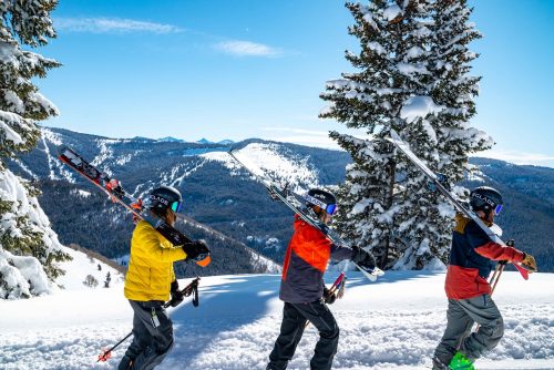 Famille qui est au ski pour des vacances sportives